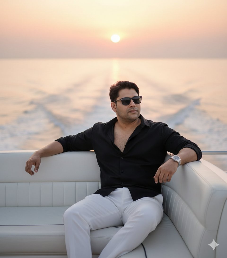 Ultra-realistic cinematic portrait on a luxury yacht at sunset