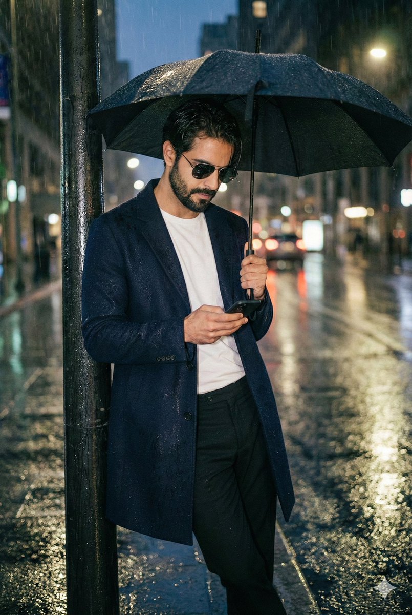 Cinematic Rainy Night Street Portrait of a Confident Man