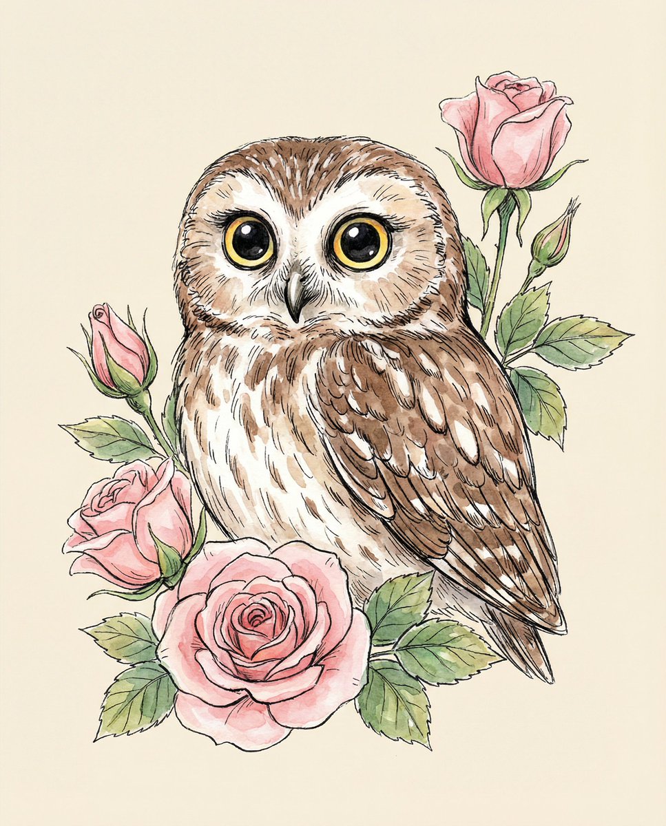 Watercolor Illustration of a Cute Owl with Pink Roses