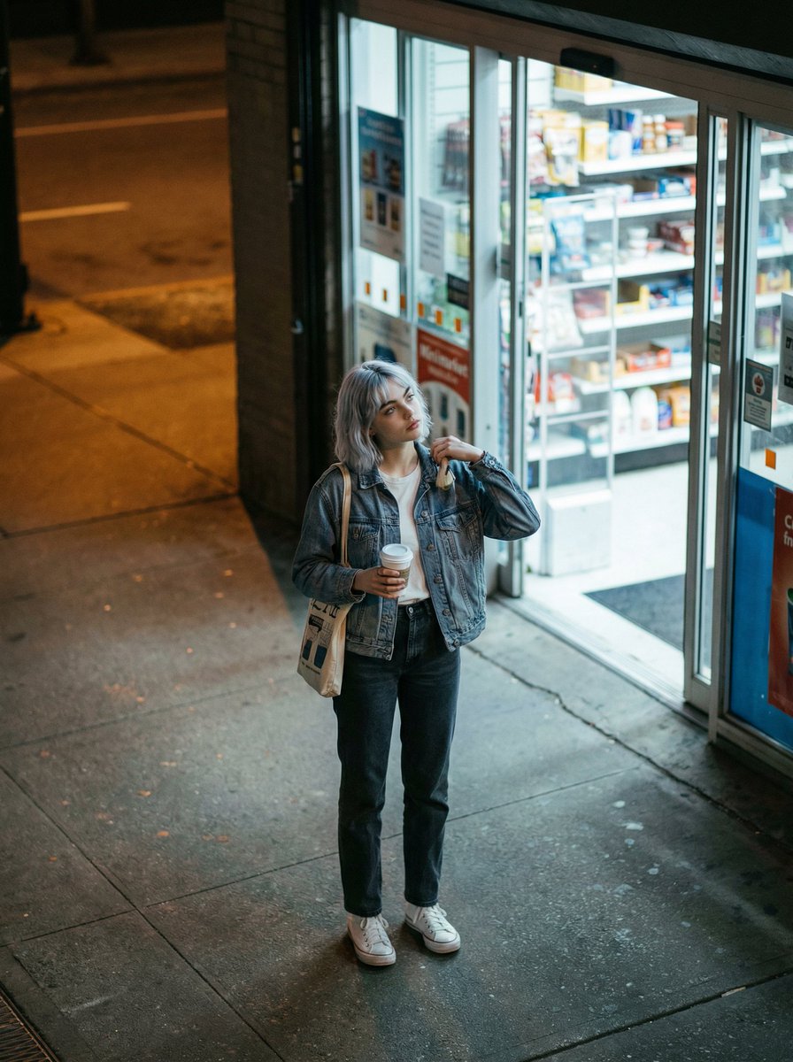 Candid night street fashion photograph with film aesthetic