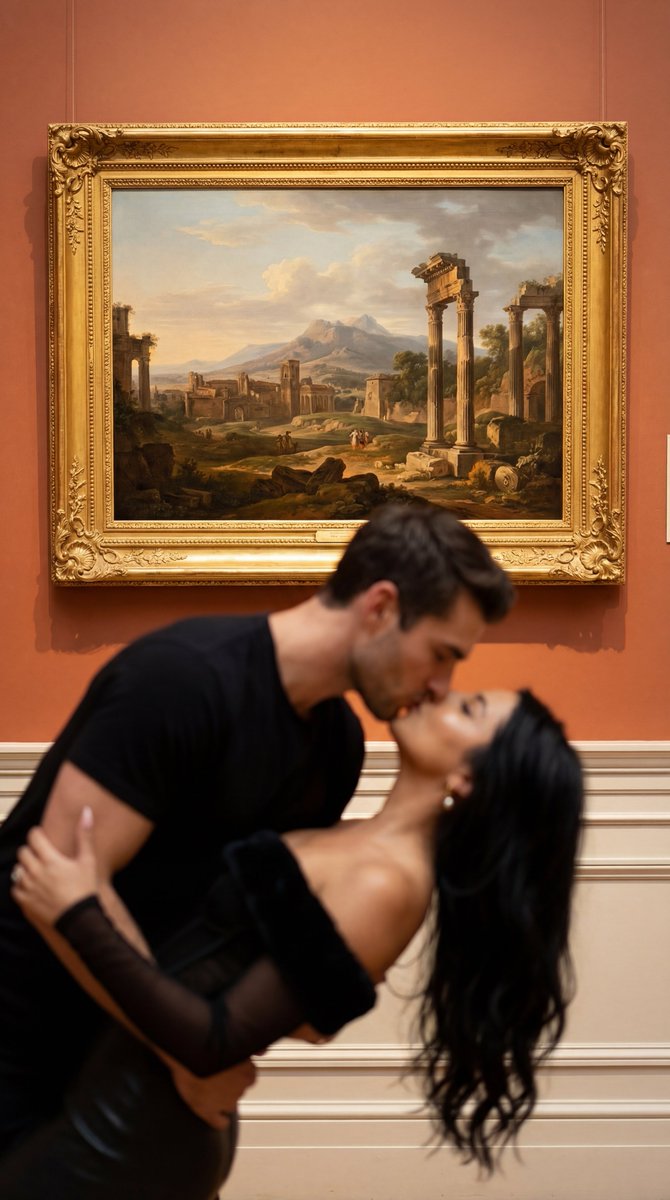 Cinematic Museum Romance Dip-Kiss Editorial Prompt