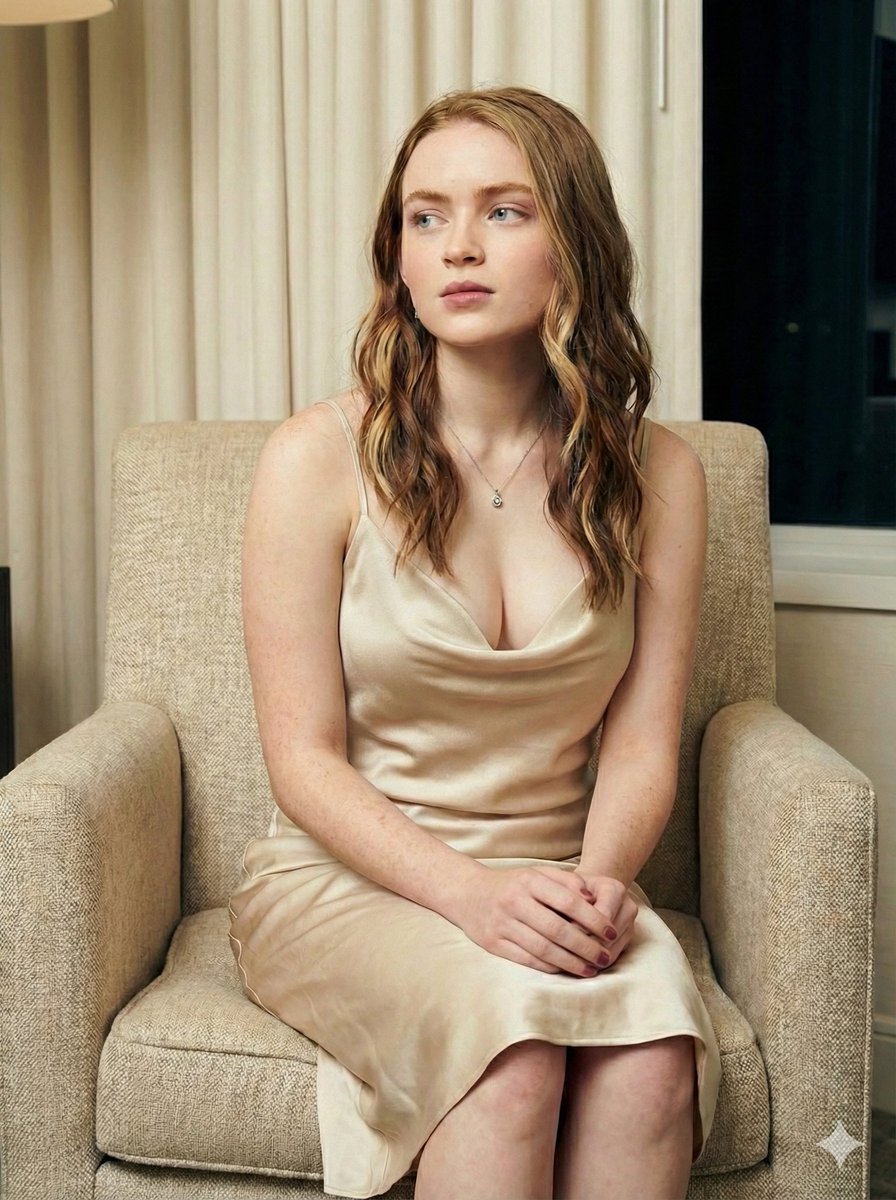 Sadie Sink Champagne Silk Slip Dress Portrait 3