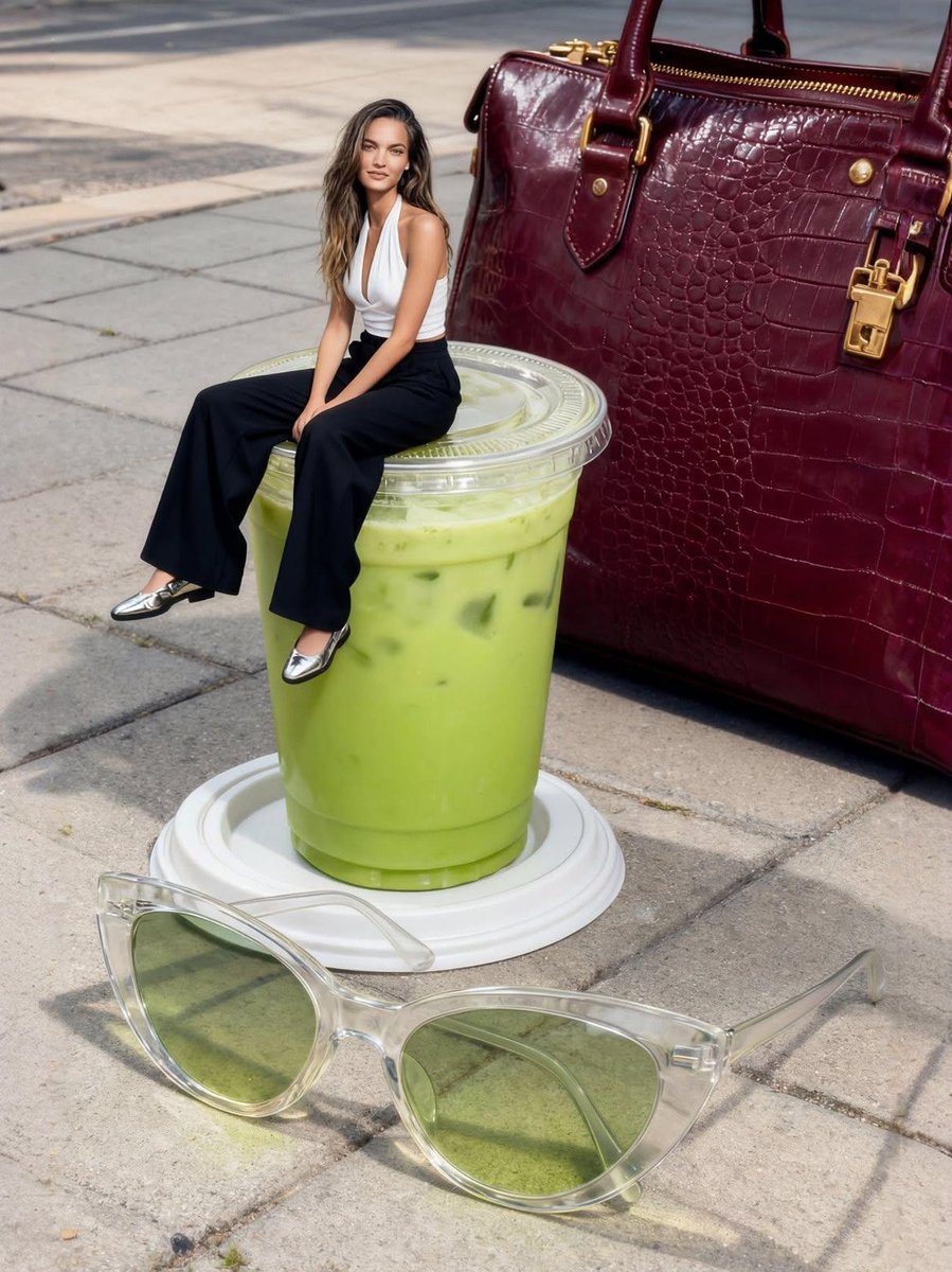 Photorealistic Miniature Woman on Milkshake Cup