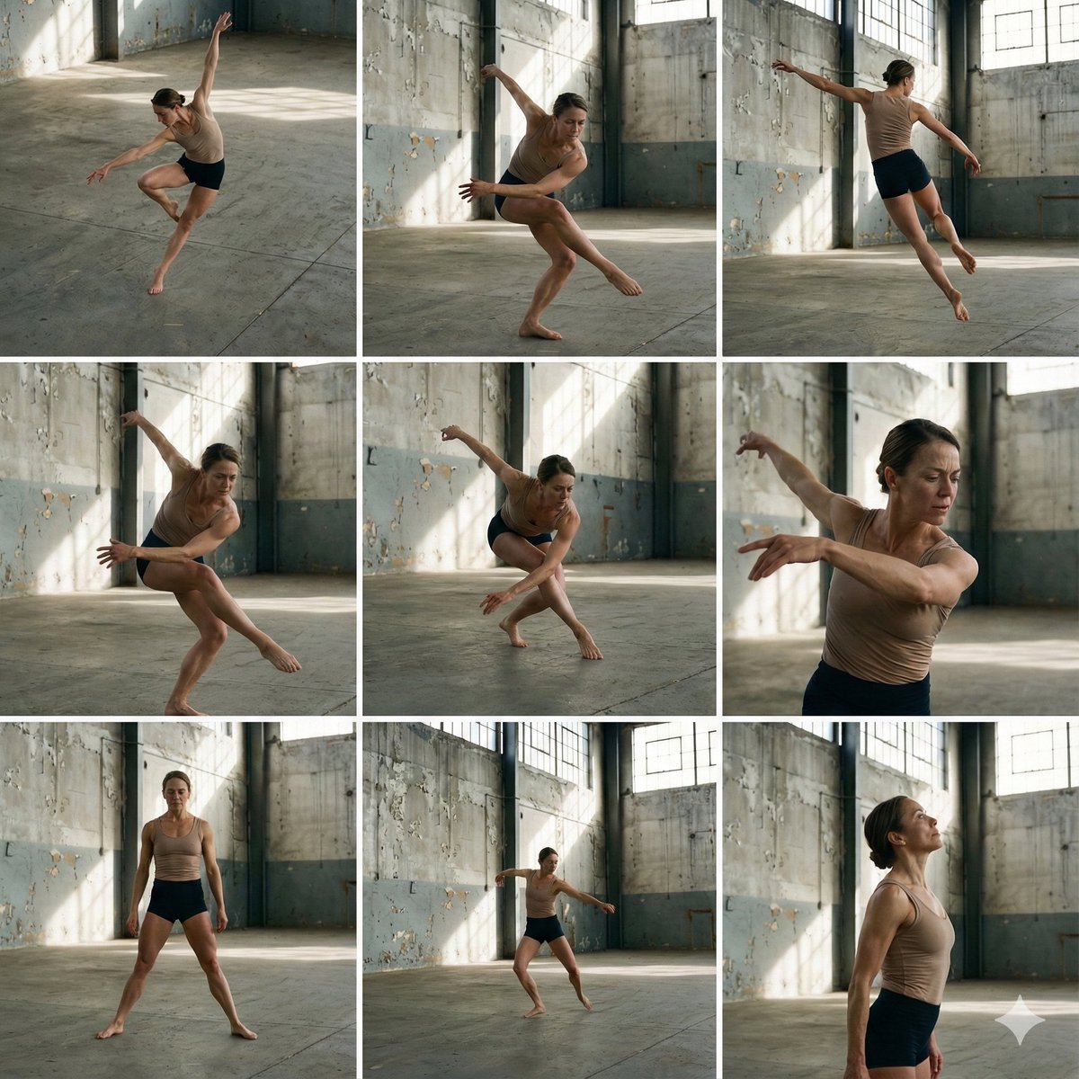 3x3 Grid of Dancer in Random Poses