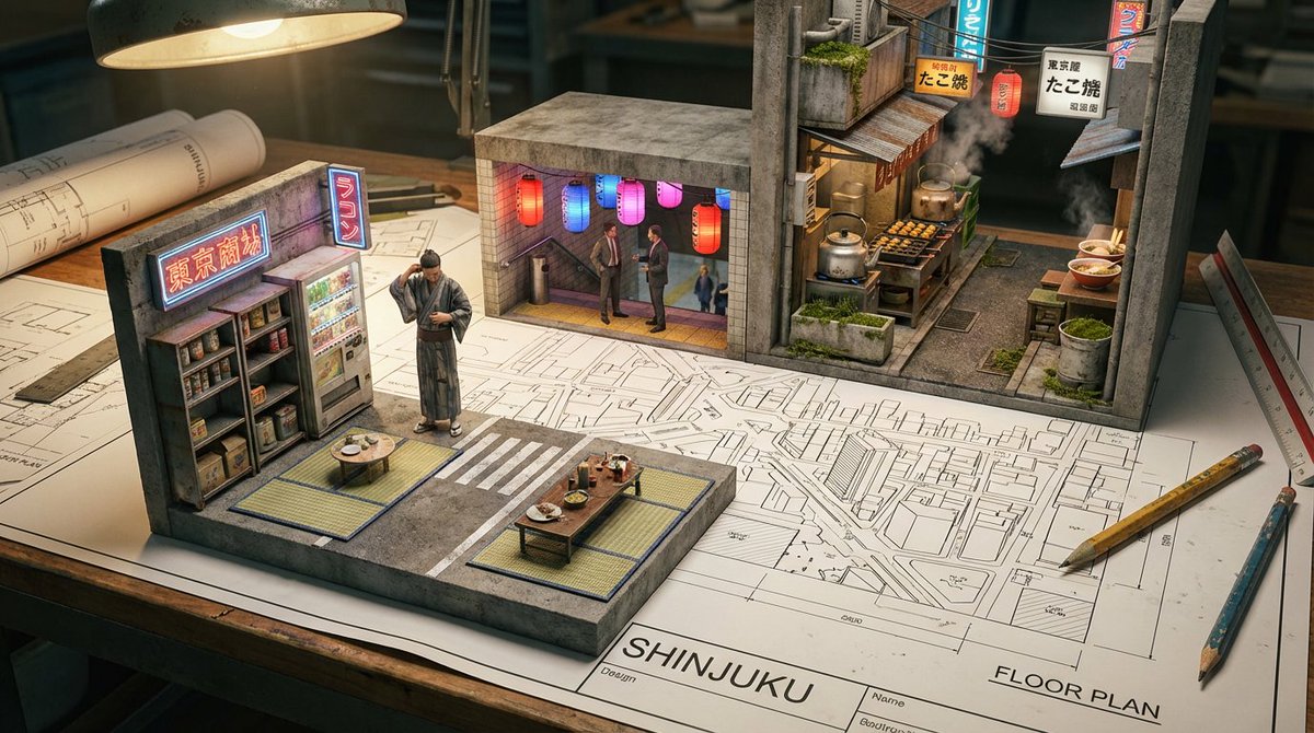 Architectural Blueprint to Miniature Japanese Inn Scene 4