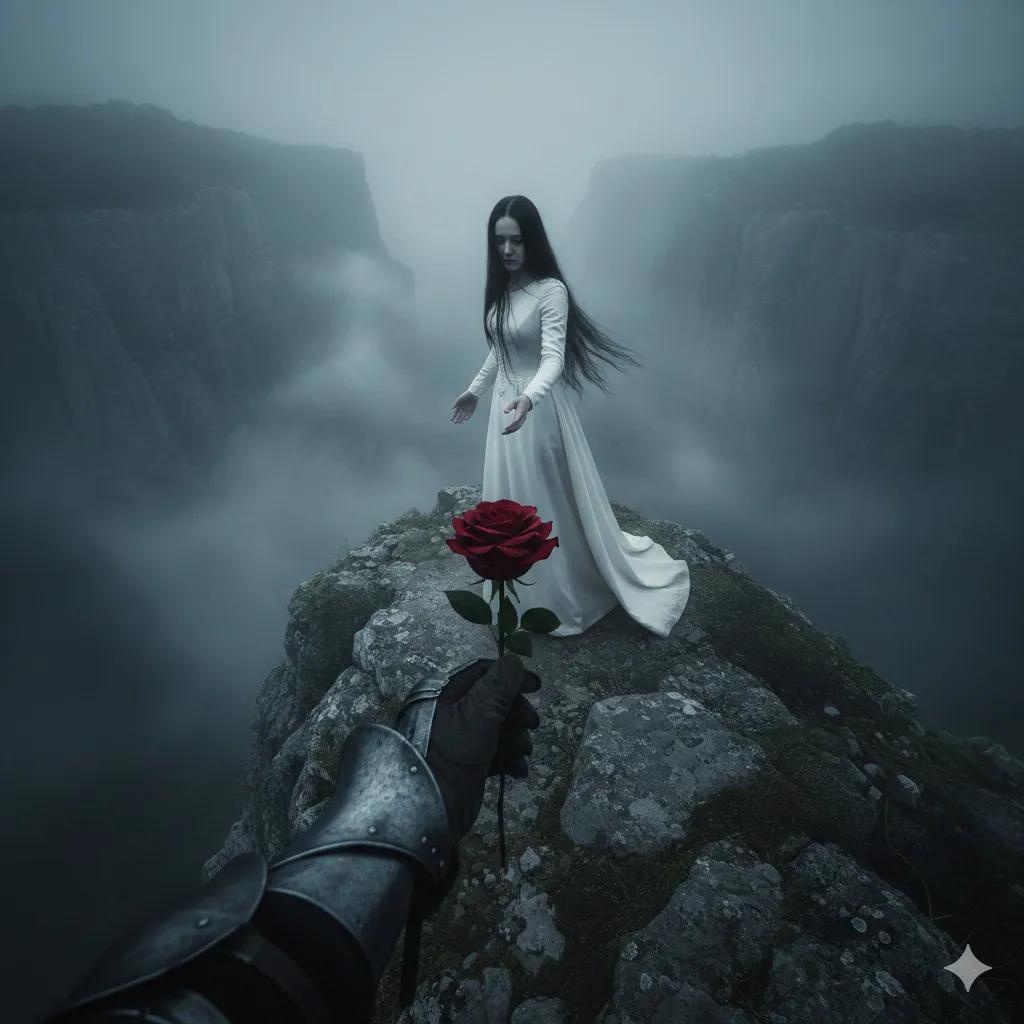 Haunting Cinematic Cliff Scene with Red Rose 2