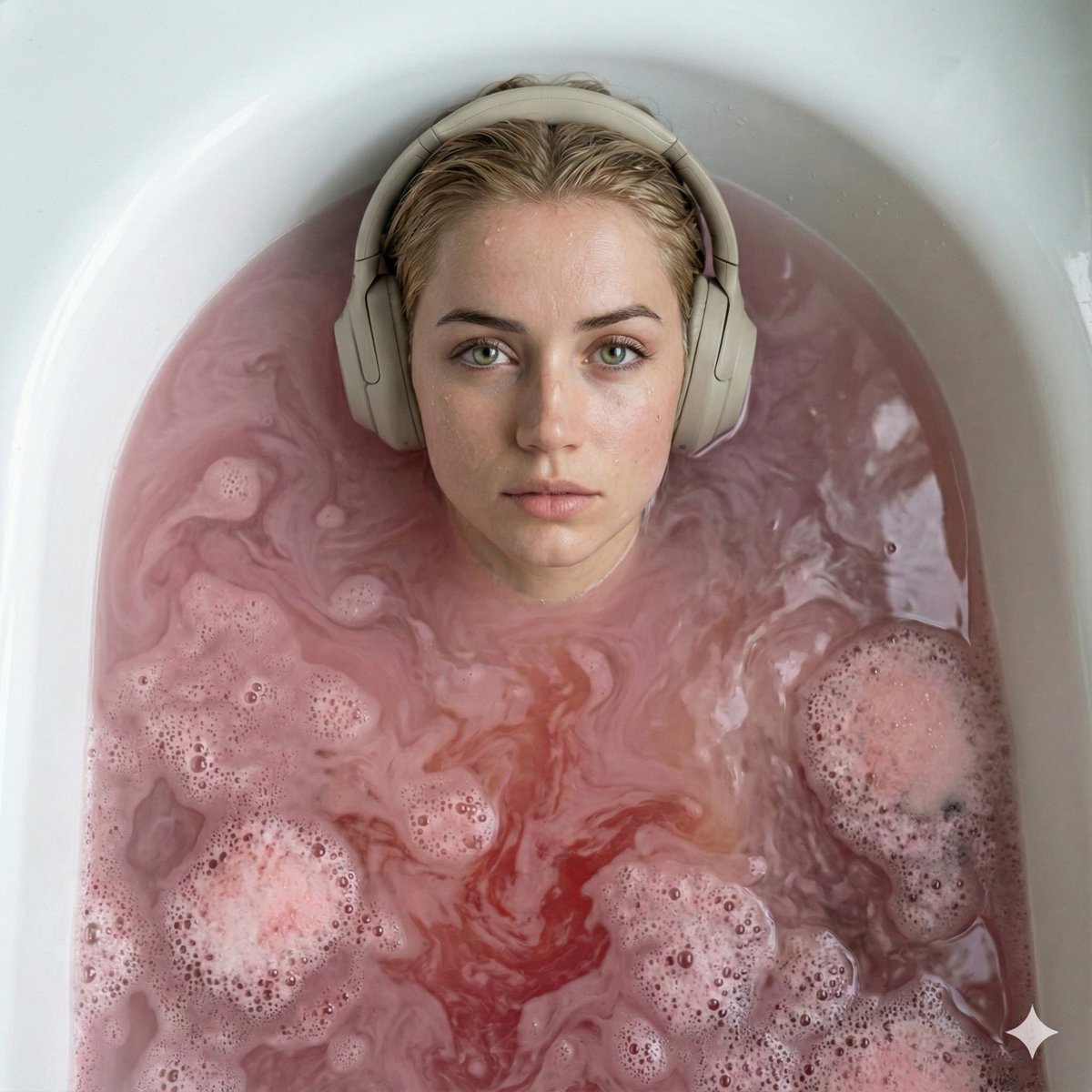 Ultra-Photorealistic Cinematic Portrait in a Bathtub with Noise-Canceling Headphones