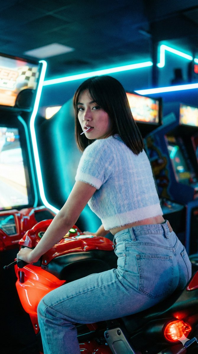 Cinematic 35mm Analog Film Portrait in a Retro Arcade