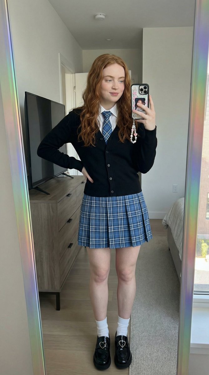Mirror Selfie with Strict Identity Lock in Preppy School Outfit 2