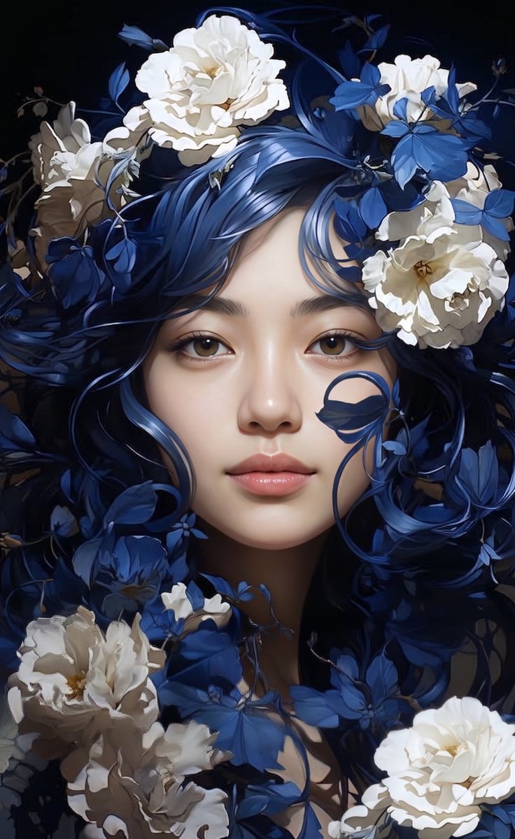 游戏素材 - 空灵女子花卉发饰肖像