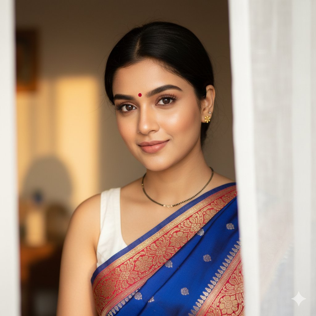 South Asian Woman Portrait with Saree and Sheer Curtains