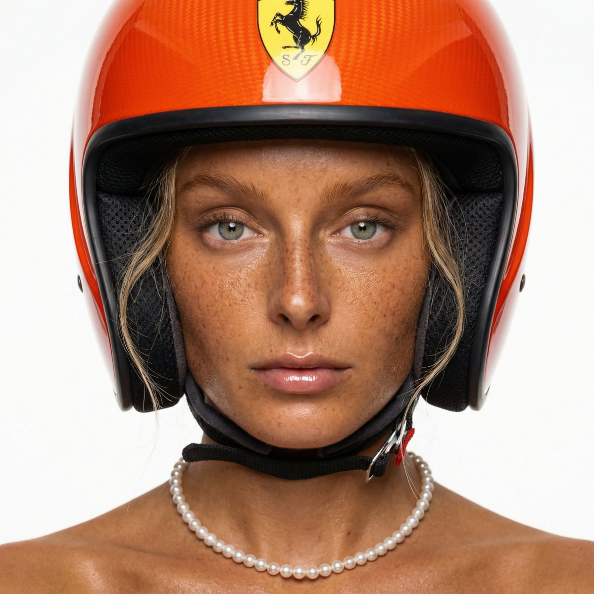 F1 Heiress Editorial Portrait with Racing Helmet and Pearls 2