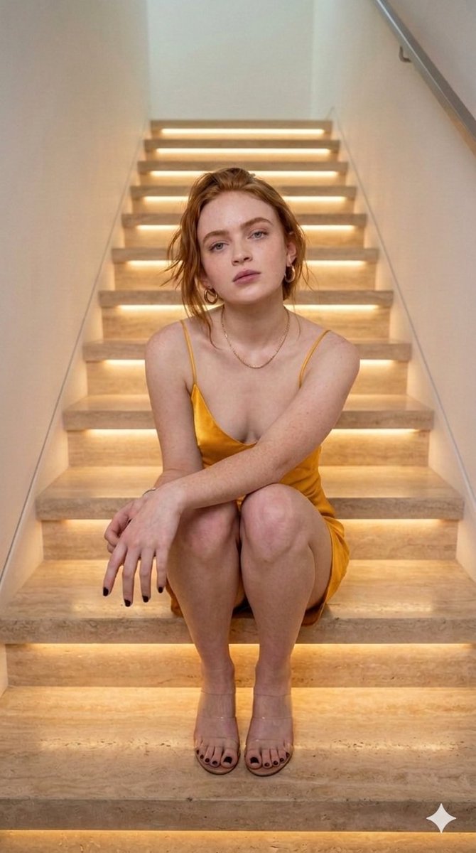 Sadie Sink in Yellow Slip Dress on Illuminated Stairs 3