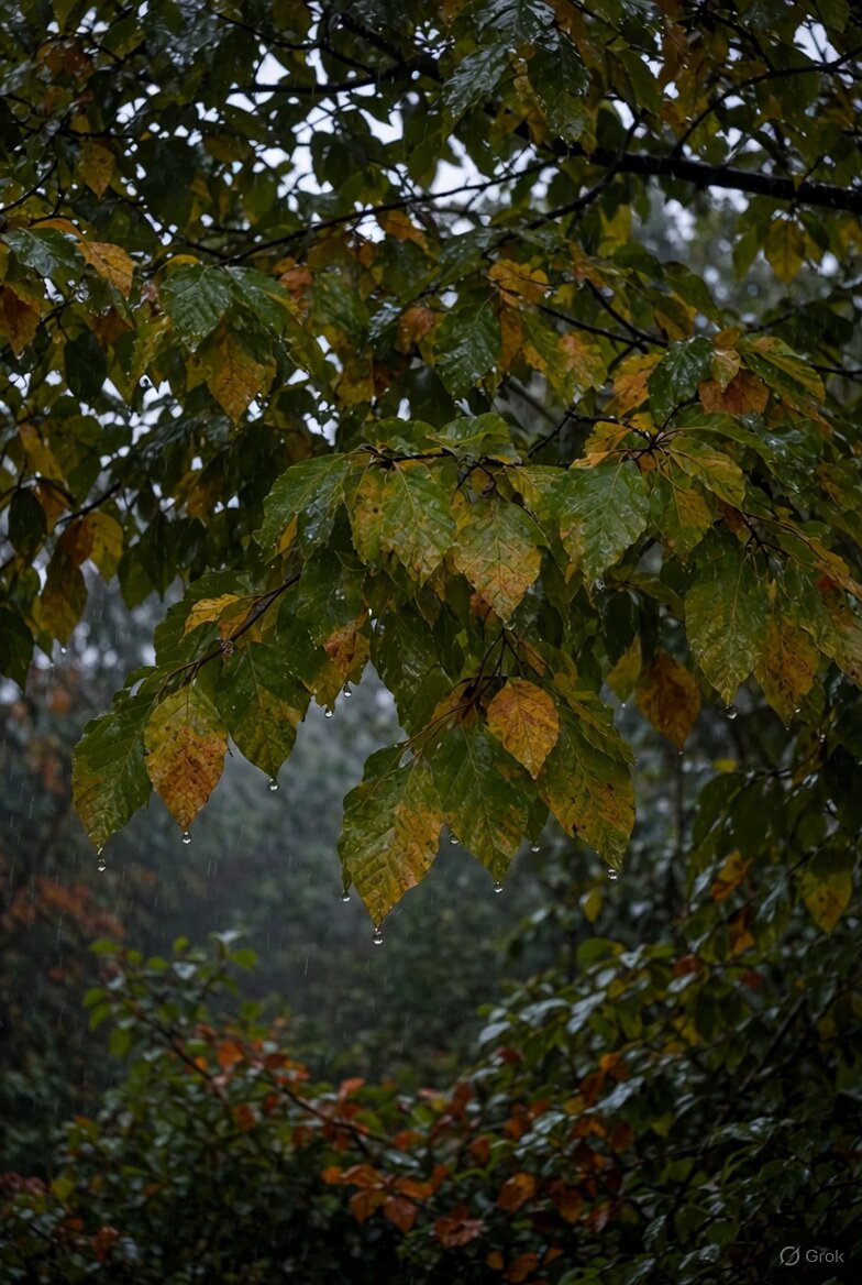 Grok Imagine Video Prompt: Rain on Leaves