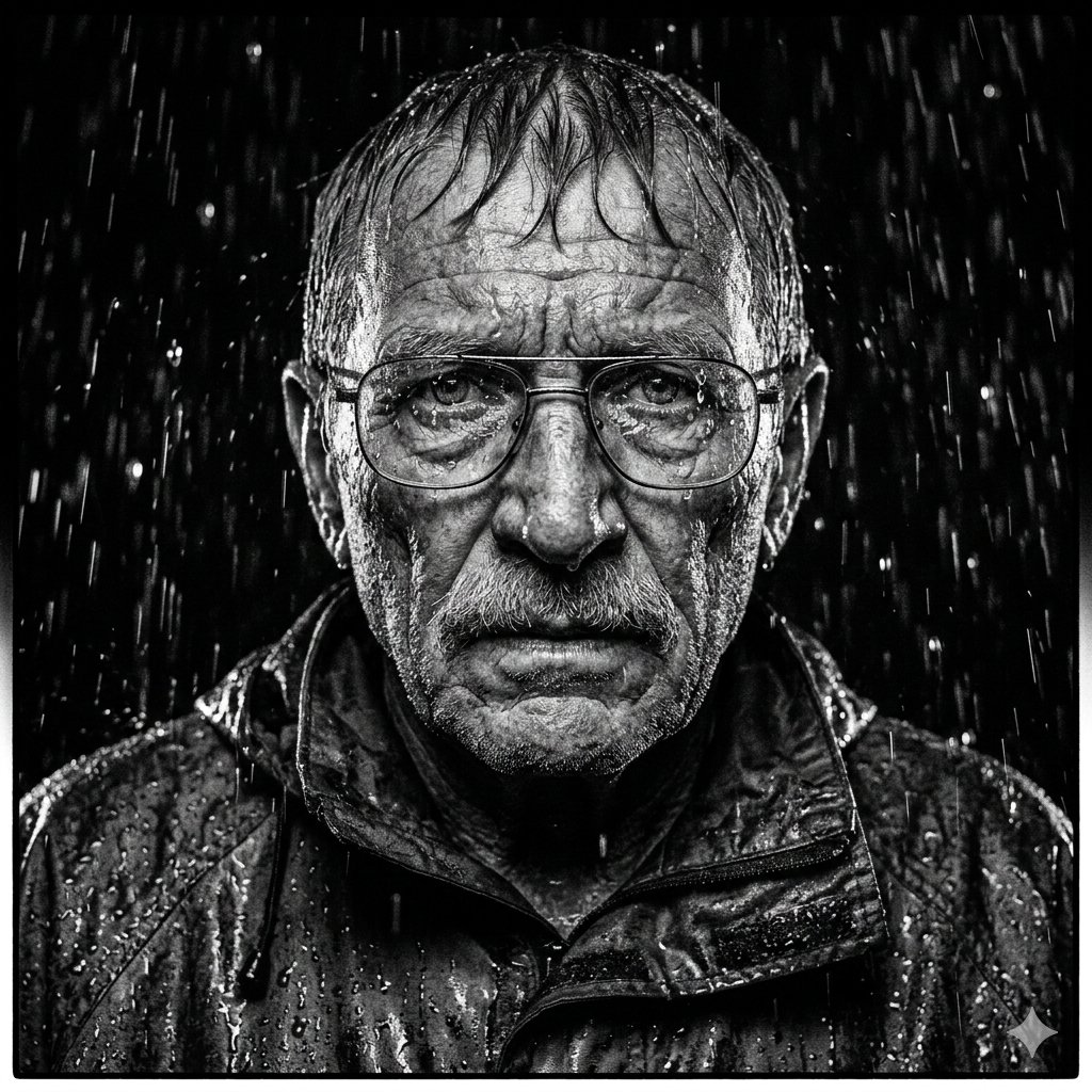 Monochrome Portrait of Elderly Man in Heavy Rain 2
