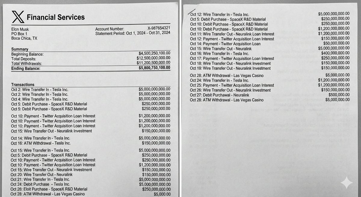 Elon Musk bank statement mockup