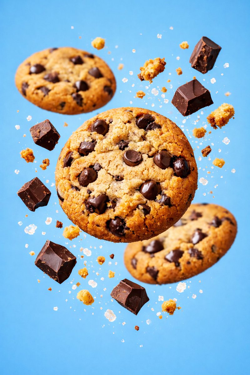 Hyper-realistic commercial food photography of chocolate chip cookies