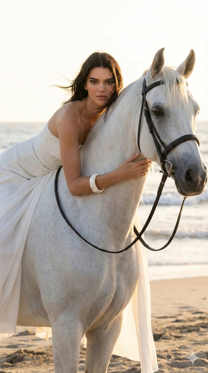 Fashion editorial of a woman embracing a white horse at golden hour 2