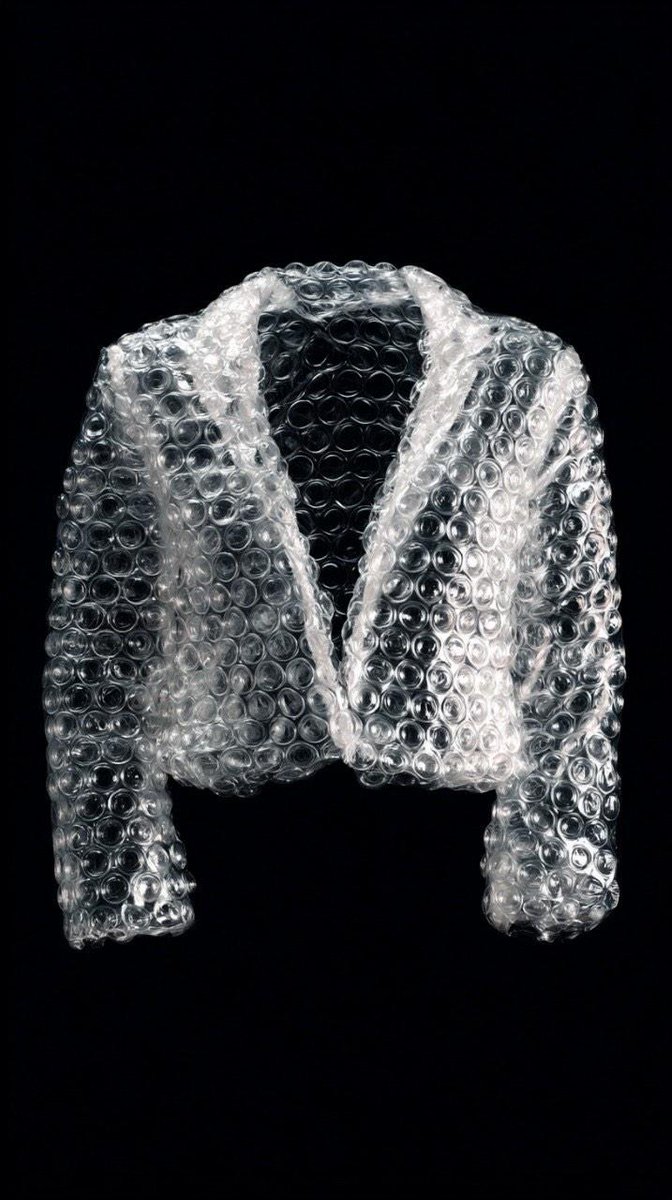 Minimalist studio shot of transparent bubble wrap fashion item