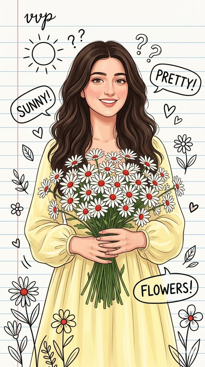Lined Paper Illustration of Woman with Daisies 2