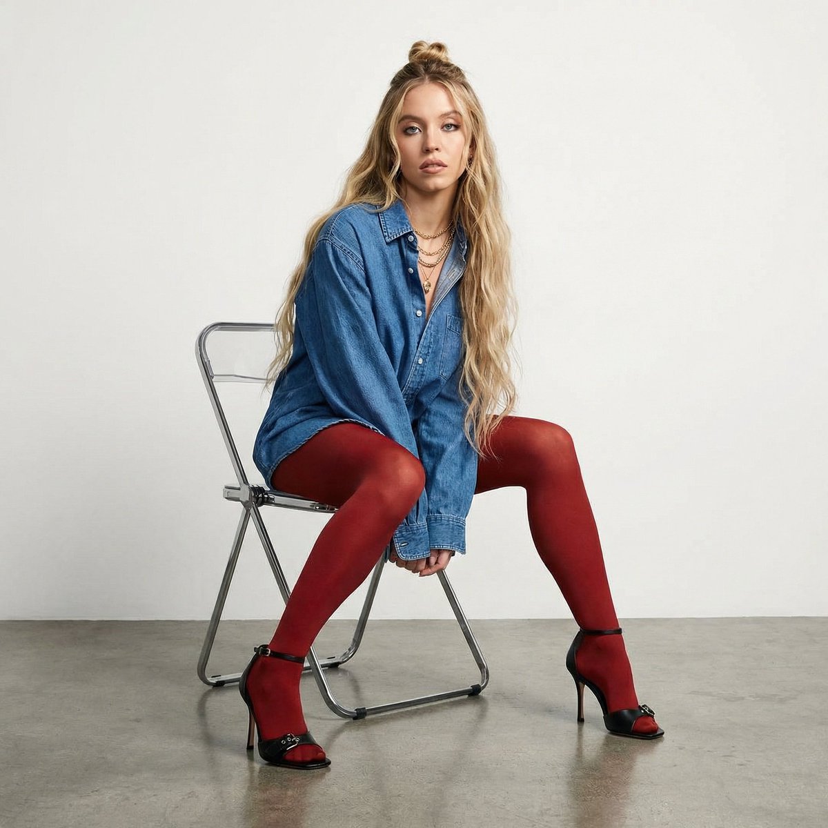High-Fashion Denim Photoshoot with Ultra-Long Hair 4