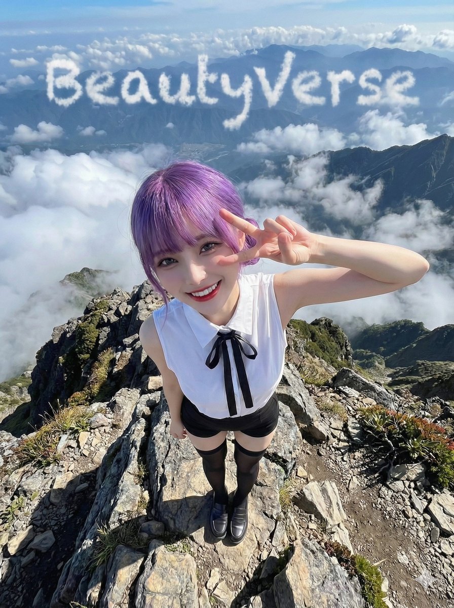 Character on a High Mountain Peak with Text in Clouds 2