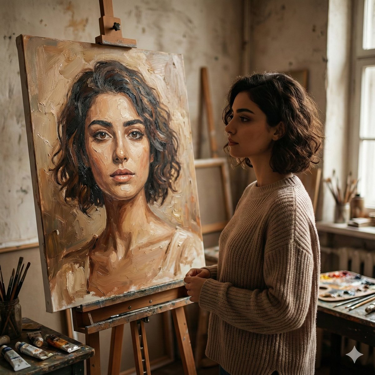 Cinematic Studio Scene of Woman Observing Portrait