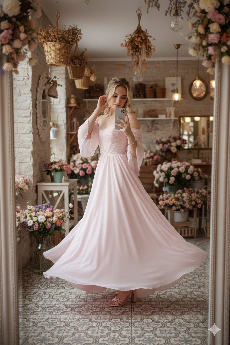 Fairy-Core Gown Mirror Selfie in a Floral Cafe 2