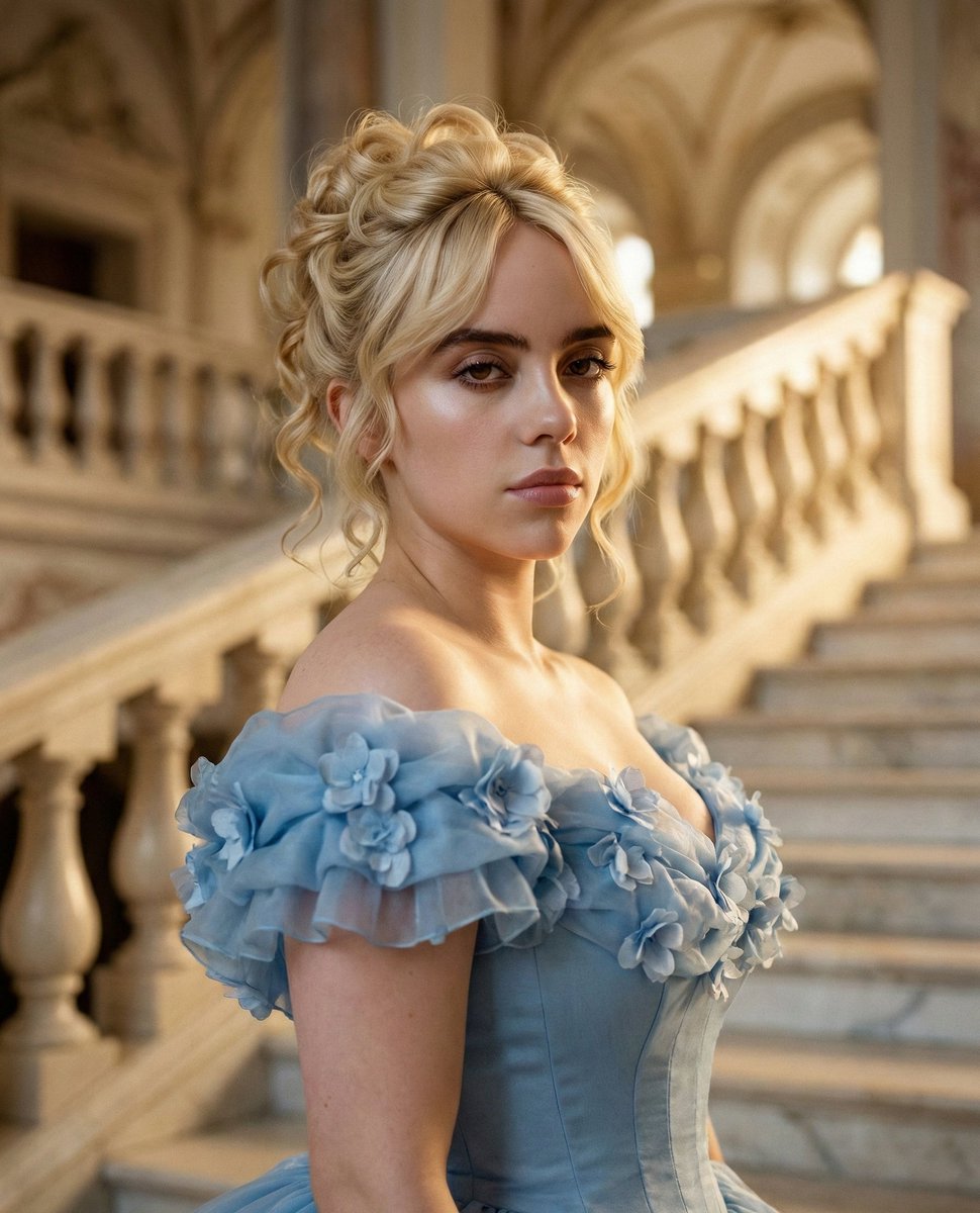 Cinematic Royal Portrait of Billie Eilish in Powder-Blue Gown 2