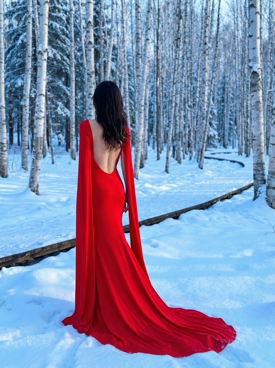 Dramatic Red Dress in Snowy Birch Forest 2