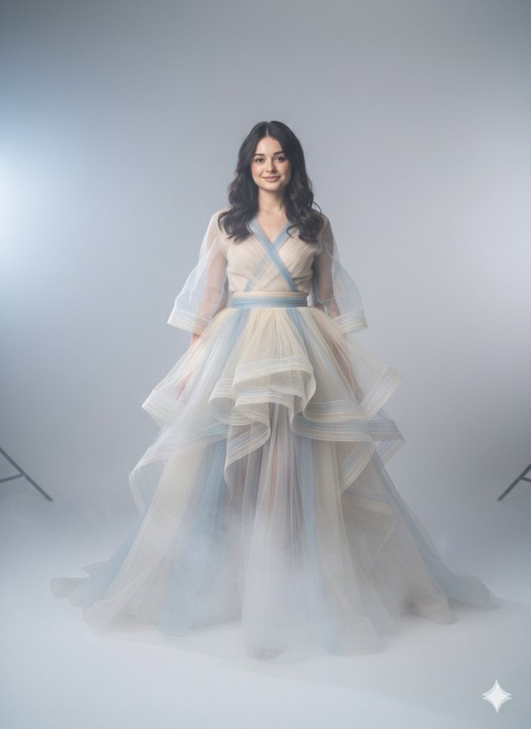 Dreamlike Couture Portrait: Gown Blending with Mist