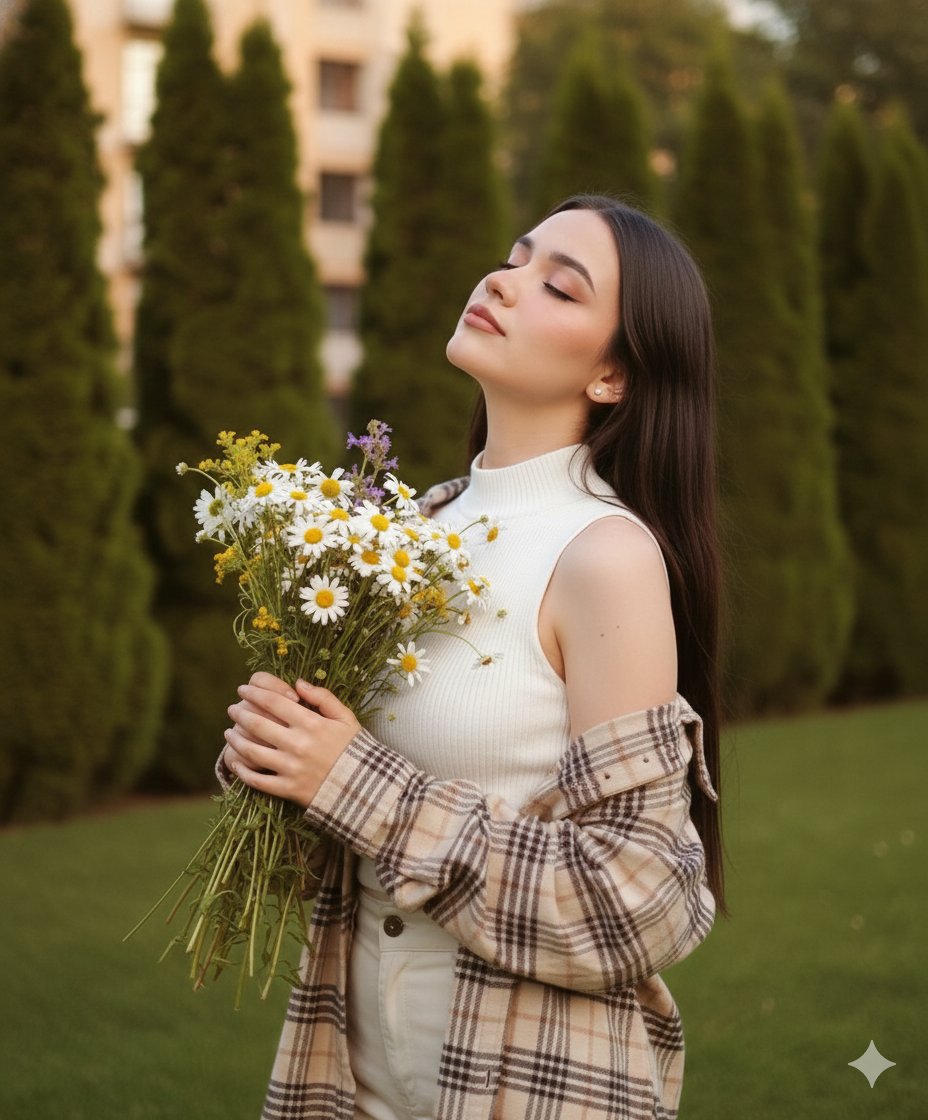 Dreamy Cinematic Portrait with Wild Bouquet in Golden Hour