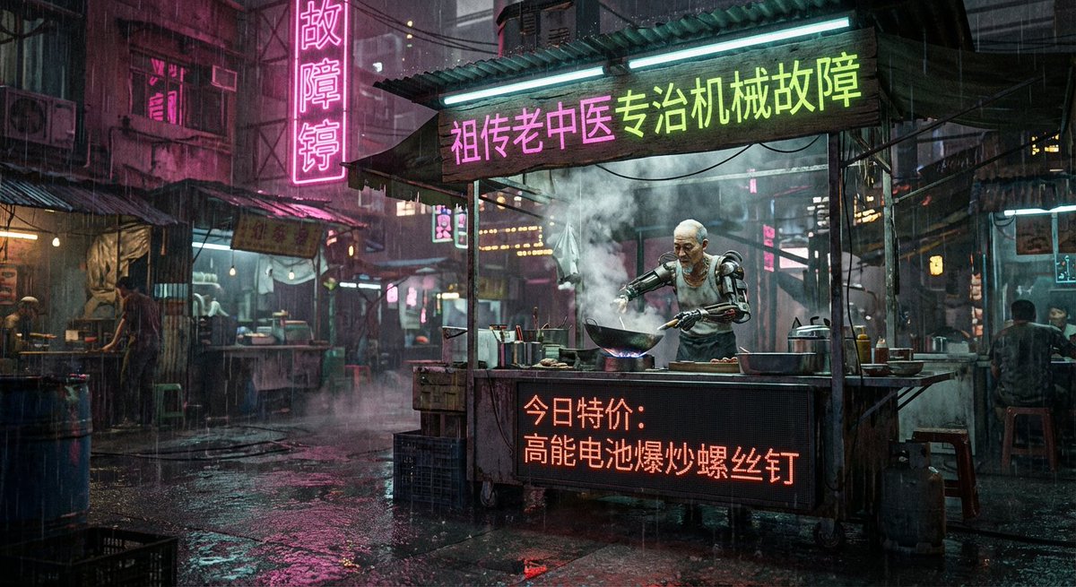 Cyberpunk 80s Chinese street stall scene