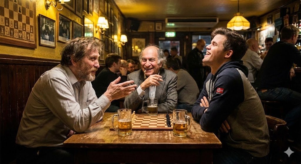 Chess legends hanging out in a bar
