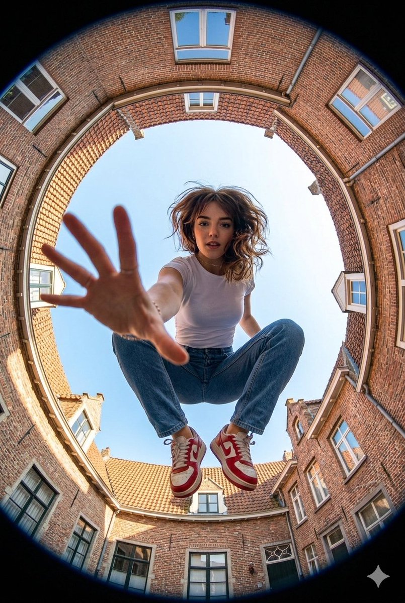 Ultra-wide fisheye shot of a woman crouching mid-air