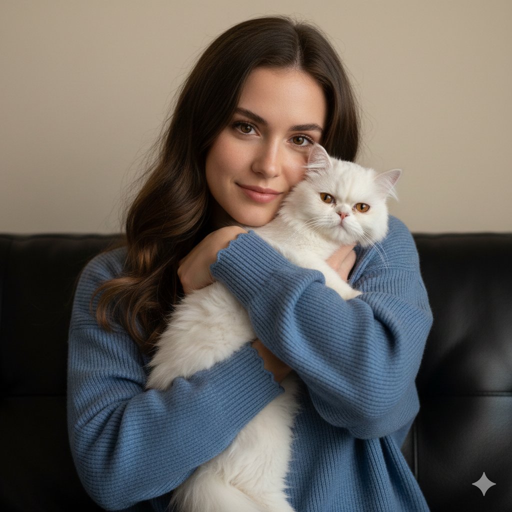 Ultra-Realistic Portrait of Woman Hugging a Persian Cat