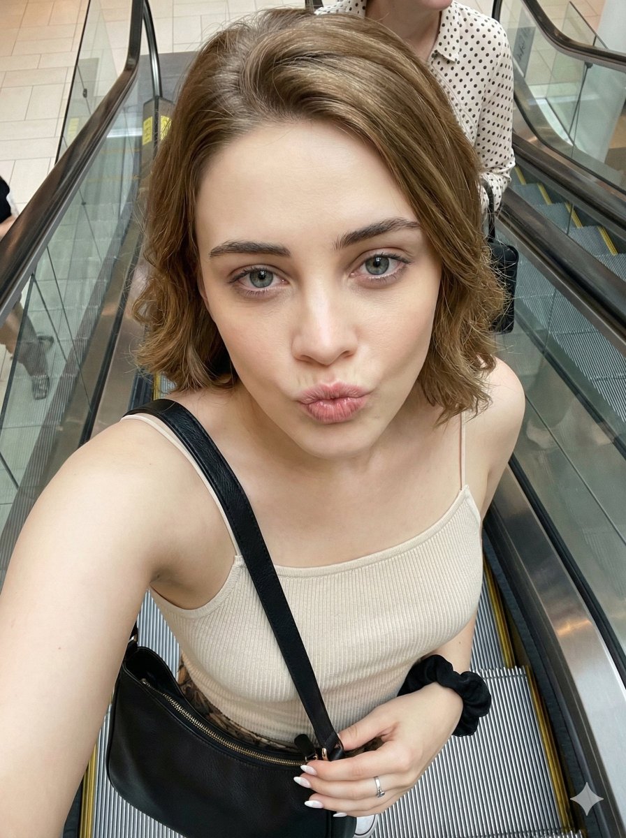 Candid Selfie Prompt with Duck Face Expression on Escalator