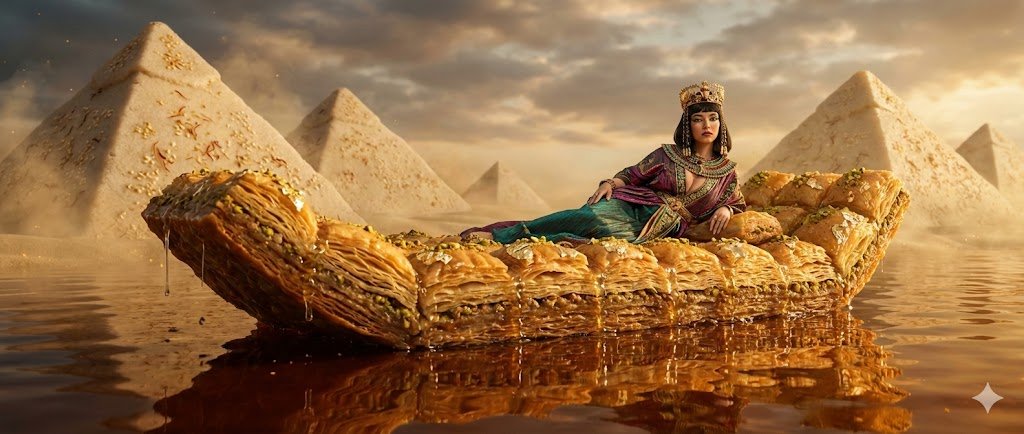 Sydney Sweeney as Cleopatra on a Baklava Barge Food Art Fantasy