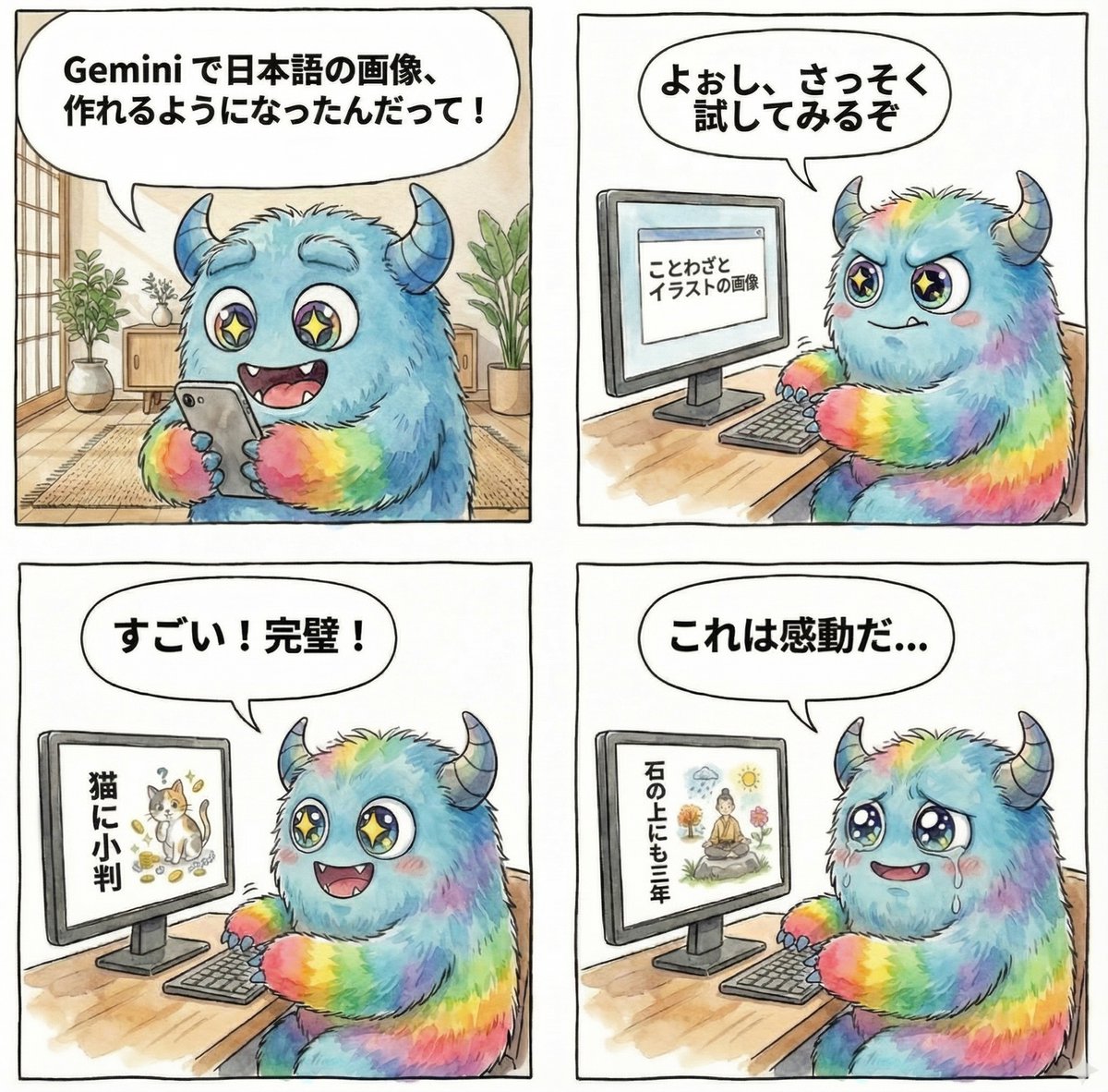 4-panel manga about Gemini generating Japanese text images