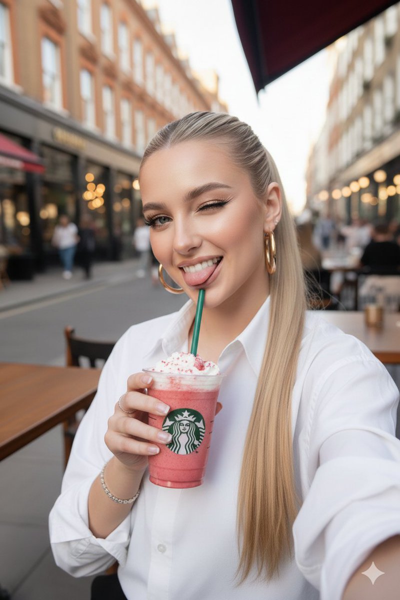 Ultra-realistic Starbucks Selfie at Golden Hour