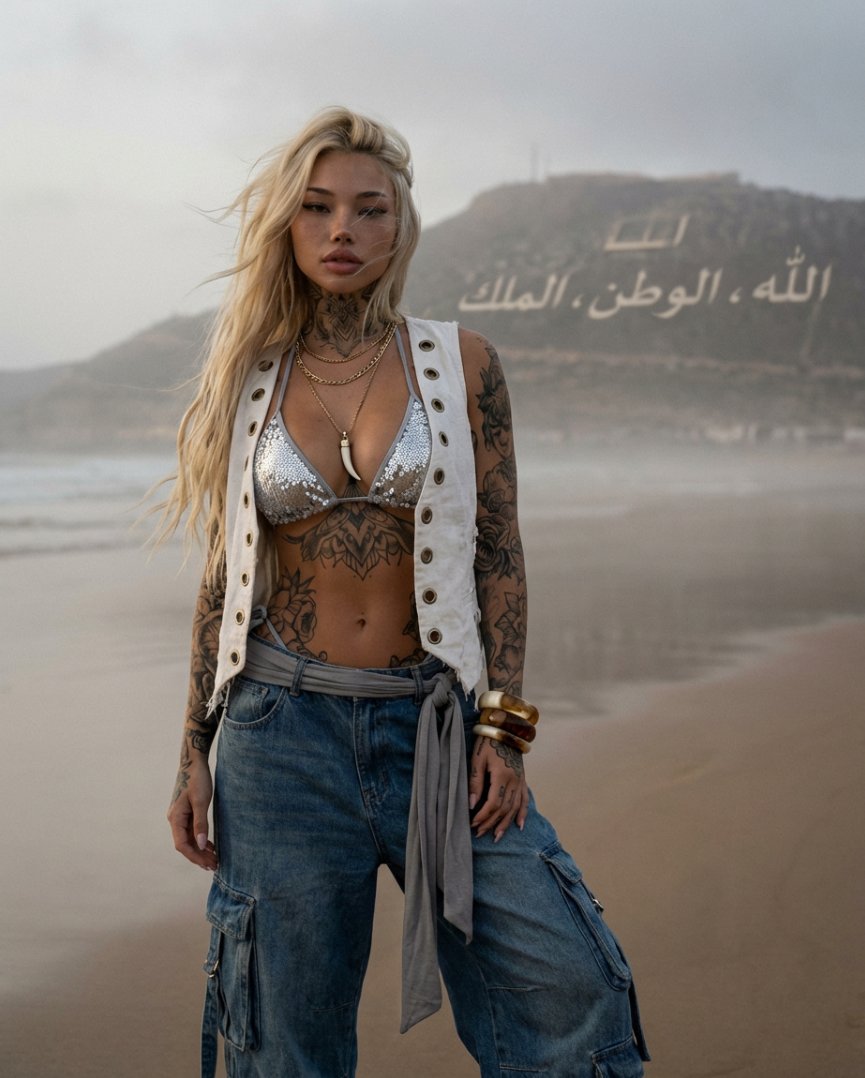 Tattooed Woman on Misty Beach Fashion Editorial 2