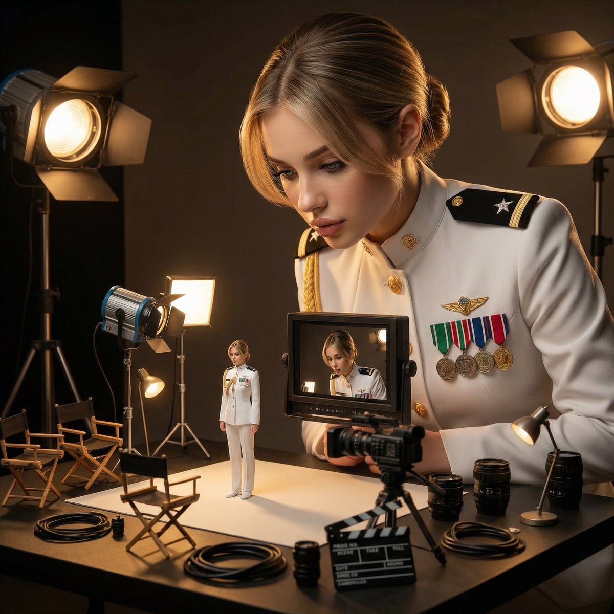 Cinematic Studio Scene of Woman Supervising Miniature Self