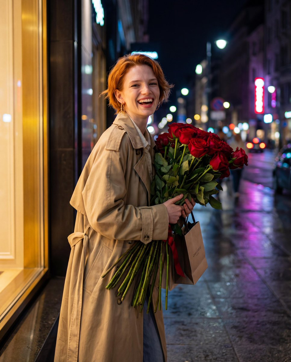 Candid Night-Time Street Style Photo with Roses 3