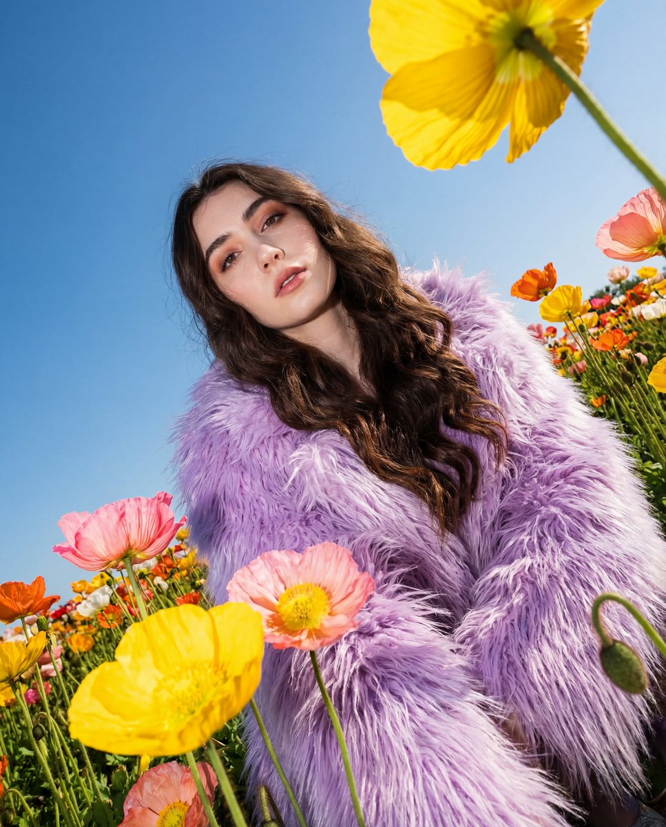 Harsh Flash Fashion Portrait in Flower Field Prompt