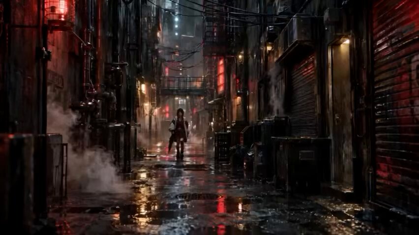 Cyberpunk Woman Walking Neon Alley