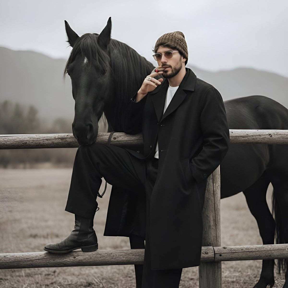 Cinematic Black and White Portrait Prompt of Man with Horse and Cigar 2