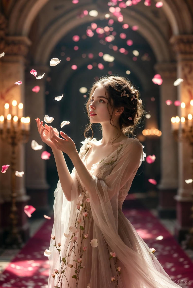 High-Fashion Fantasy Editorial with Floating Petals 2