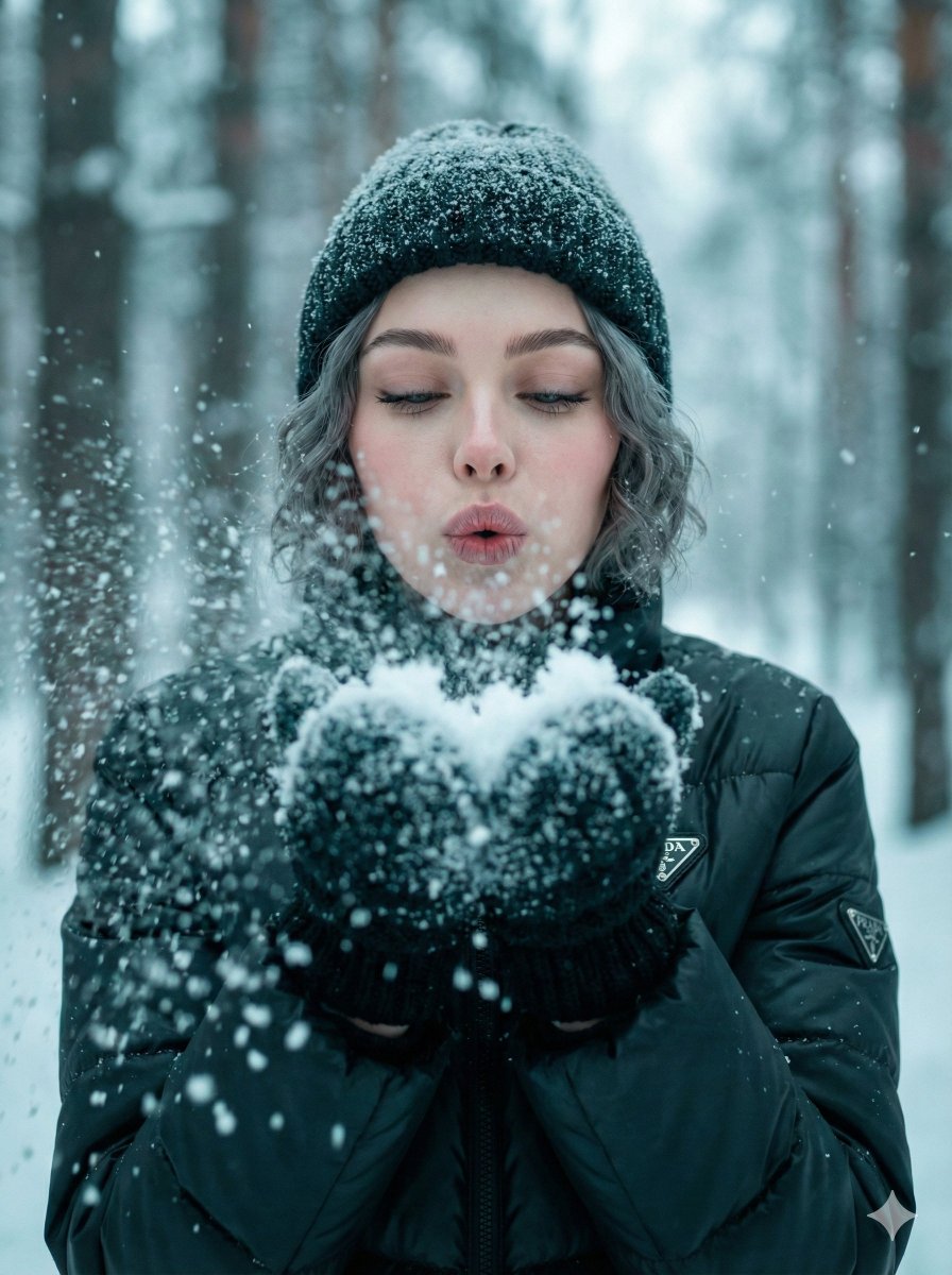 Ultra-Realistic Winter Snow Blowing Portrait Prompt