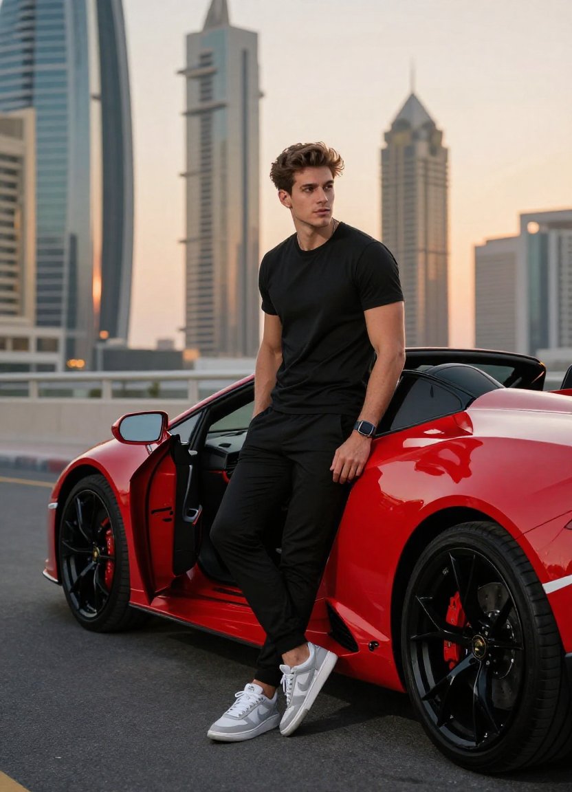 Cinematic Portrait with Lamborghini in Dubai Sunset 2