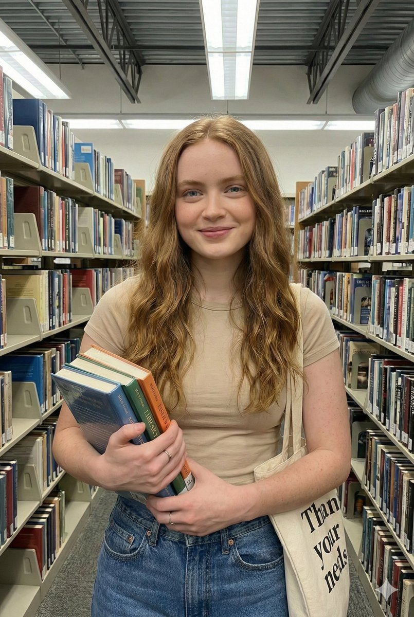 Playful Lifestyle Photo of Woman in Library Prompt 2